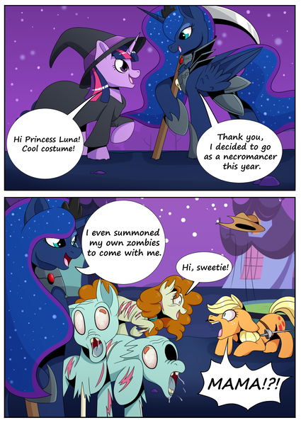 Size: 2508x3541 | Tagged: semi-grimdark, artist:calamity-studios, derpibooru import, applejack, pear butter, princess luna, twilight sparkle, pony, undead, zombie, 2 panel comic, clothes, comic, costume, dark comedy, female, hat, mother and child, mother and daughter, night, nightmare night costume, we are going to hell, witch hat