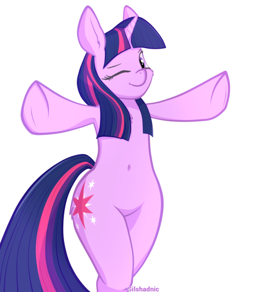 Size: 2000x2200 | Tagged: safe, artist:silshadnic, deleted from derpibooru, derpibooru import, twilight sparkle, pony, unicorn, armpits, belly button, bipedal, cute, digital art, female, high res, looking at you, mare, one eye closed, simple background, solo, transparent background, unicorn twilight, wink