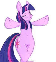 Size: 2000x2200 | Tagged: safe, artist:silshadnic, deleted from derpibooru, derpibooru import, twilight sparkle, pony, unicorn, armpits, belly button, bipedal, cute, digital art, female, high res, looking at you, mare, one eye closed, simple background, solo, transparent background, unicorn twilight, wink