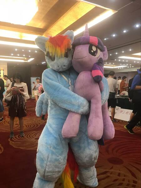 Size: 1001x1334 | Tagged: artist:rogerdaily, clothes, convention, cosplay, costume, derpibooru import, female, fursuit, human, irl, irl human, photo, ponysuit, rainbow dash, safe, twilight sparkle