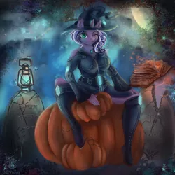 Size: 4000x4000 | Tagged: absurd resolution, anthro, anthro oc, artist:mdwines, big breasts, book, boots, breasts, butterfly, cemetery, clothes, commission, costume, derpibooru import, female, forest, gears, green eyes, halloween, halloween costume, hat, holiday, jewelry, magic, moon, night, oc, one eye closed, pegasus, pumpkin, purple, runes, safe, sexy, shoes, sitting, solo, unofficial characters only, wink, witch hat, ych result