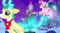 Size: 1280x720 | Tagged: alice the reindeer, aurora the reindeer, best gift ever, bori the reindeer, cloven hooves, deer, derpibooru import, female, flying, glowing antlers, reindeer, safe, school of friendship, screencap, smiling, snow, snowfall, the gift givers, trio, twilight's castle, winter