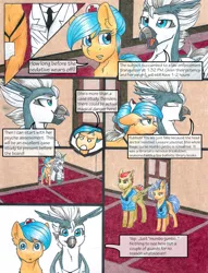 Size: 1950x2550 | Tagged: safe, artist:tillie-tmb, derpibooru import, oc, oc:epsilon saltz, oc:merry rhymes, unofficial characters only, classical hippogriff, earth pony, hippogriff, pony, comic:the amulet of shades, clothes, comic, female, lab coat, male, mare, traditional art