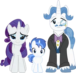 Size: 1024x985 | Tagged: safe, artist:davidpinskton117, derpibooru import, fancypants, rarity, pony, unicorn, clothes, colt, facial hair, family, female, male, mare, monocle, moustache, offspring, parent:fancypants, parent:rarity, parents:raripants, raripants, shipping, simple background, stallion, straight, suit, transparent background