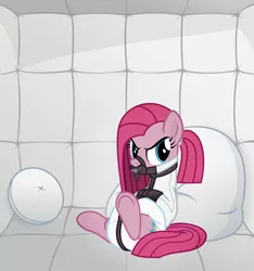 Size: 2896x3088 | Tagged: artist:nxzc88, asylum, bondage, derpibooru import, diaper, diaper bondage, diaper fetish, fetish, glare, institutionalized, pacifier gag, padded cell, pinkamena diane pie, pinkie pie, ponytail, solo, straitjacket, suggestive, underhoof