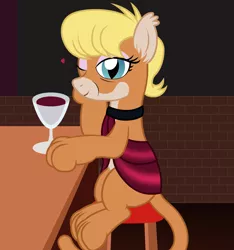 Size: 1987x2121 | Tagged: safe, artist:badumsquish, derpibooru import, ms. harshwhinny, ponified, big cat, cat, cat pony, cougar (animal), cougar pony, earth pony, original species, pony, alcohol, bar, clothes, cougar, counter, dress, drink, evening dress, eyeshadow, female, flirting, flirty, heart, lipstick, looking at you, makeup, one eye closed, paws, pun, show accurate, sitting, slit pupils, smiling, solo, species swap, stool, two-tone coat, visual pun, wine, wink