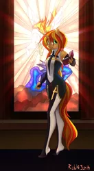 Size: 3000x5472 | Tagged: safe, artist:rublegun, derpibooru import, sunset shimmer, anthro, plantigrade anthro, unicorn, armpits, book, clothes, female, full body, mare, priestess, smiling, solo, window