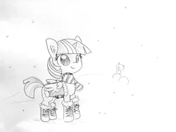 Size: 1280x960 | Tagged: safe, artist:tjpones, derpibooru import, twilight sparkle, twilight sparkle (alicorn), alicorn, pony, black and white, clothes, female, grayscale, lineart, mare, monochrome, sketch, smiling, snow, snowman, solo, traditional art