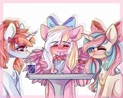 Size: 2233x1791 | Tagged: safe, artist:crybaby, derpibooru import, oc, oc:bay breeze, oc:mirabelle, oc:sunrise rhapsody, unofficial characters only, pegasus, pony, unicorn, blushing, bow, commission, cute, drink, female, hair bow, mare, simple background, trio, ych result