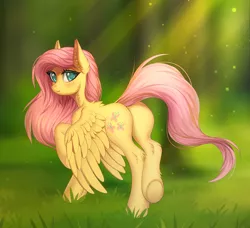 Size: 1316x1200 | Tagged: safe, artist:margony, derpibooru import, fluttershy, pegasus, pony, blushing, butt, crepuscular rays, cute, ear fluff, female, flutterbutt, head turn, looking at you, looking back, looking back at you, mare, plot, raised hoof, rear view, shyabetes, smiling, solo, spread wings, standing, underhoof, wings