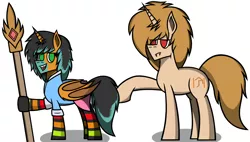 Size: 2840x1608 | Tagged: safe, artist:nguyendeliriam, derpibooru import, oc, oc:sand storm, unofficial characters only, alicorn, bat pony, bat pony alicorn, pony, unicorn, bat wings, clothes, crossdressing, height difference, horn, simple background, socks, staff, striped socks, teeth, white background, wings