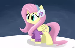 Size: 5100x3300 | Tagged: safe, artist:taurson, derpibooru import, fluttershy, pegasus, pony, best gift ever, clothes, cute, earmuffs, female, folded wings, mare, shyabetes, smiling, snow, solo, standing, sweater, three quarter view, wings, winter, winter outfit