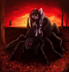 Size: 1533x1613 | Tagged: safe, artist:hagallaz, derpibooru import, oc, oc:whisper quill, unofficial characters only, giant spider, pegasus, pony, spider, commission, happy, red sky, solo, tree