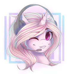 Size: 1885x2071 | Tagged: safe, artist:falafeljake, derpibooru import, oc, oc:dixie, unofficial characters only, pony, unicorn, commission, female, headphones, headset, one eye closed, smiling, solo, wink, ych result