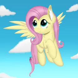 Size: 3750x3750 | Tagged: safe, artist:arcane-thunder, derpibooru import, fluttershy, pegasus, pony, cloud, cute, digital art, ear fluff, female, flying, head turn, high res, looking away, looking up, mare, shyabetes, signature, sky, smiling, solo, spread wings, wings