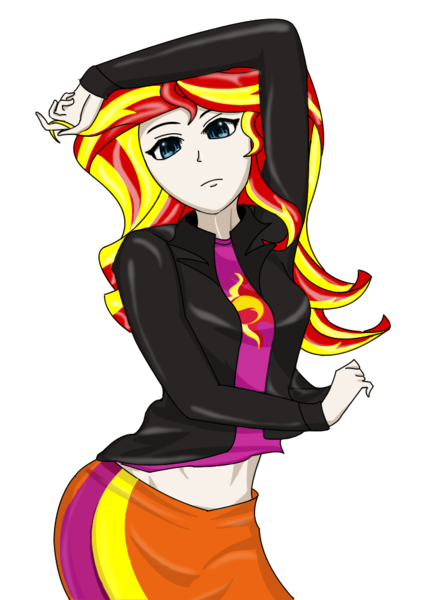 Size: 713x1000 | Tagged: safe, artist:anonix123, derpibooru import, sunset shimmer, equestria girls, clothes, cutie mark clothes, human coloration, jacket, leather, leather jacket, pose, shirt, simple background, skirt, solo, transparent background