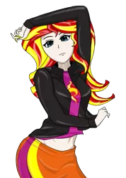 Size: 713x1000 | Tagged: safe, artist:anonix123, derpibooru import, sunset shimmer, equestria girls, clothes, cutie mark clothes, human coloration, jacket, leather, leather jacket, pose, shirt, simple background, skirt, solo, transparent background
