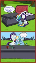 Size: 1000x1712 | Tagged: safe, artist:linedraweer, derpibooru import, rainbow dash, rarity, oc, oc:mutilater, alicorn, pegasus, pony, unicorn, alicorn oc, bury, burying, comic, commission, crying, cuddling, dead, farewell, flower, funeral, goodbye, gravestone, graveyard, horn, hug, it's hard to say goodbye, loyalty, lying, rose, wings