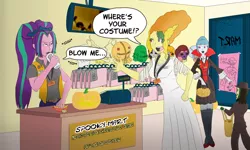 Size: 1280x768 | Tagged: safe, artist:kazabomb, derpibooru import, adagio dazzle, aria blaze, sonata dusk, vampire, equestria girls, bride of frankenstein, clothes, comic, costume, halloween, halloween costume, holiday, jack-o-lantern, pumpkin, samhain, sipping, vulgar