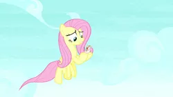 Size: 1280x720 | Tagged: safe, derpibooru import, screencap, fluttershy, bird, pegasus, pony, yakity-sax, feather, featherless, female, flying, mare, plucked wings, sky, wings