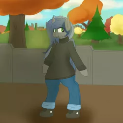 Size: 2000x2000 | Tagged: safe, artist:eclipsepenumbra, artist:eclipsethebat, derpibooru import, oc, oc:eclipse penumbra, unofficial characters only, bat pony, semi-anthro, autumn, clothes, cute, heart eyes, jeans, pants, solo, sweater, wingding eyes