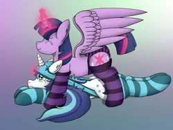 Size: 4032x3024 | Tagged: suggestive, artist:tacomytaco, derpibooru import, shining armor, twilight sparkle, twilight sparkle (alicorn), alicorn, pony, unicorn, atomic wedgie, blue underwear, briefs, brother and sister, clothes, eyes closed, female, femdom, gradient background, horn, horn impalement, magic abuse, male, panties, purple underwear, siblings, socks, striped socks, striped underwear, underwear, wedgie