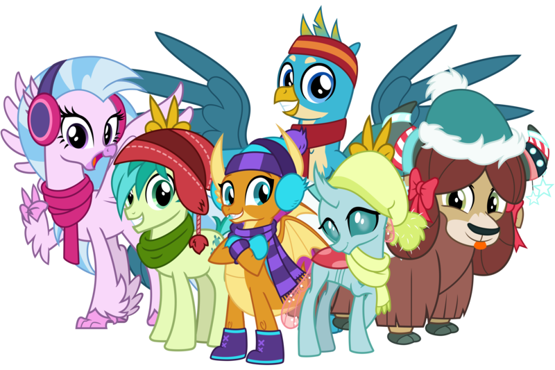 Size: 6000x4000 | Tagged: safe, artist:cheezedoodle96, derpibooru import, gallus, ocellus, sandbar, silverstream, smolder, yona, changedling, changeling, classical hippogriff, dragon, earth pony, gryphon, hippogriff, pony, yak, best gift ever, .svg available, :p, absurd resolution, boots, bunny ears (gesture), clothes, cloven hooves, crossed arms, crossed legs, cute, cuteling, diaocelles, diastreamies, earmuffs, excited, female, gallabetes, gasp, gloves, group, group photo, happy, hat, looking at you, male, mittens, monkey swings, open mouth, peace sign, pose, sandabetes, scarf, shoes, shy, silly, simple background, smiling, smolderbetes, spread wings, student six, svg, teenager, tongue out, transparent background, vector, wings, winter outfit, yonadorable