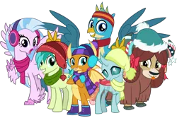 Size: 6000x4000 | Tagged: safe, artist:cheezedoodle96, derpibooru import, gallus, ocellus, sandbar, silverstream, smolder, yona, changedling, changeling, classical hippogriff, dragon, earth pony, gryphon, hippogriff, pony, yak, best gift ever, .svg available, :p, absurd resolution, boots, bunny ears (gesture), clothes, cloven hooves, crossed arms, crossed legs, cute, cuteling, diaocelles, diastreamies, earmuffs, excited, female, gallabetes, gasp, gloves, group, group photo, happy, hat, looking at you, male, mittens, monkey swings, open mouth, peace sign, pose, sandabetes, scarf, shoes, shy, silly, simple background, smiling, smolderbetes, spread wings, student six, svg, teenager, tongue out, transparent background, vector, wings, winter outfit, yonadorable