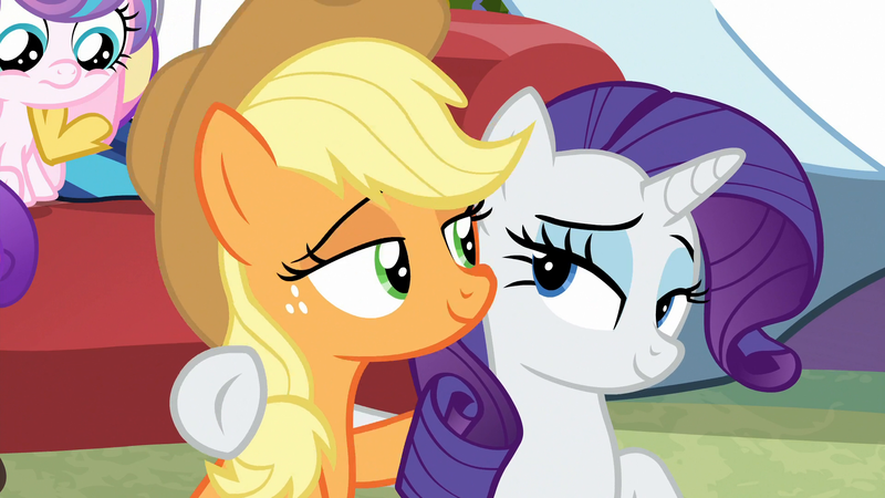 Size: 1920x1080 | Tagged: applejack, best friends, best gift ever, cute, derpibooru import, duo focus, eyeshadow, freckles, hug, lidded eyes, makeup, princess flurry heart, rarity, safe, screencap, shipping fuel, side hug