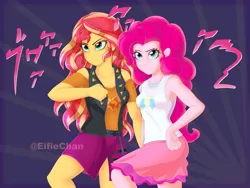 Size: 4000x3000 | Tagged: safe, artist:katakiuchi4u, derpibooru import, pinkie pie, sunset shimmer, equestria girls, equestria girls series, anime, clothes, crossover, female, gold experience requiem, jacket, jojo pose, jojo's bizarre adventure, leather, leather jacket, miniskirt, missing accessory, new outfit, skirt, smiling, sunburst background