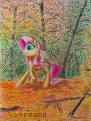 Size: 750x1000 | Tagged: safe, artist:vaser888, derpibooru import, fluttershy, pegasus, pony, autumn, ear fluff, female, looking away, mare, outdoors, profile, raised hoof, smiling, solo, spread wings, standing, traditional art, tree, wings