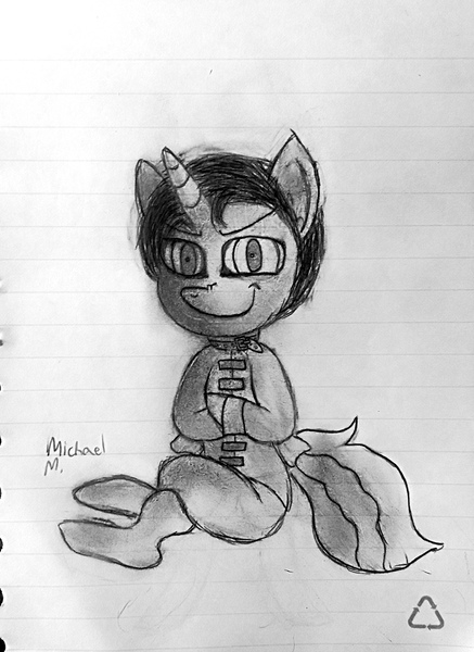 Size: 2240x3077 | Tagged: semi-grimdark, artist:michaelmaddox222, deleted from derpibooru, derpibooru import, oc, oc:strap locks, pony, unicorn, bondage, crossed legs, evil grin, grin, lineart, lined paper, looking at you, male, messy mane, pencil drawing, restrained, scrunchy face, signature, sitting, smiling, smirk, solo, spooky, spoopy, straitjacket, traditional art