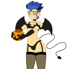 Size: 1900x1800 | Tagged: suggestive, artist:mashoart, derpibooru import, flash sentry, demon, equestria girls, blushing, bra, clothes, collar, costume, crossdressing, crotch bulge, evening gloves, fangs, femboy, girly sentry, gloves, halloween, halloween costume, holiday, jack-o-lantern, long gloves, male, panties, pumpkin, pumpkin bucket, simple background, socks, solo, solo male, stockings, succubus(male), tail, thigh highs, top, transparent background, underwear