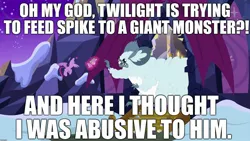 Size: 1920x1080 | Tagged: safe, derpibooru import, edit, edited screencap, editor:useraccount, screencap, spike, twilight sparkle, twilight sparkle (alicorn), alicorn, dragon, pony, winterchilla, best gift ever, abuse, caption, even garble has standards, go to sleep garble, image macro, meme, op is wrong, out of context, shitposting, spikeabuse, text, winterzilla