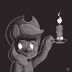 Size: 1200x1200 | Tagged: safe, artist:raph13th, derpibooru import, applejack, earth pony, pony, black background, candle, cowboy hat, dexterous hooves, female, grayscale, hat, hoof hold, hooves how do they work, magnetic hooves, mare, monochrome, simple background, underhoof, wavy mouth