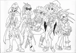 Size: 2416x1700 | Tagged: safe, artist:jmkplover, derpibooru import, sci-twi, snails, snips, sunset shimmer, twilight sparkle, oc, oc:roy starfall, equestria girls, black and white, crossover, dr. junkenstein, grayscale, junkrat, lineart, monochrome, overwatch, reaper (overwatch), roadhog (overwatch), shimmercy, symmetra, witch mercy