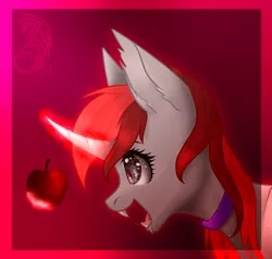 Size: 714x679 | Tagged: safe, artist:kassandravuds, derpibooru import, oc, oc:zenatura, unofficial characters only, pony, unicorn, apple, commission, digital art, ear fluff, female, food, glowing horn, gradient background, horn, magic, mare, red hair, red mane, signature, solo, telekinesis, ych result