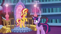 Size: 1920x1080 | Tagged: safe, derpibooru import, screencap, sunset shimmer, twilight sparkle, twilight sparkle (alicorn), alicorn, pony, equestria girls, equestria girls series, forgotten friendship, bipedal, duo, horses doing human things, in the human world for too long, magic mirror, rearing