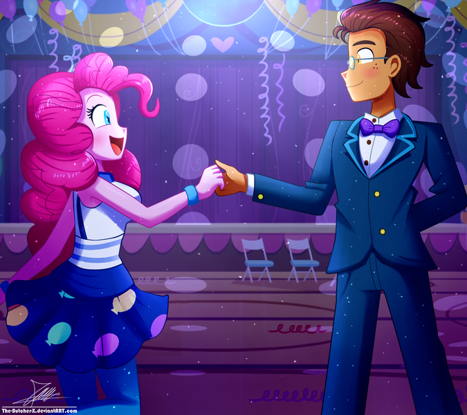 Size: 1260x1120 | Tagged: safe, artist:the-butch-x, derpibooru import, pinkie pie, oc, oc:copper plume, equestria girls, blushing, bowtie, canon x oc, clothes, commission, commissioner:imperfectxiii, copperpie, dance floor, dress, female, glasses, happy, holding hands, leggings, male, shipping, signature, straight, suit