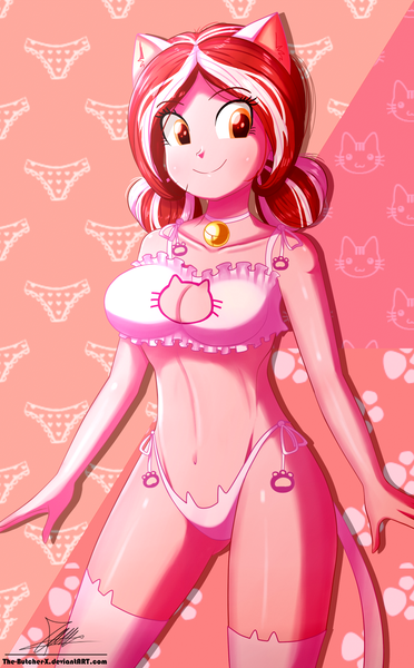 Size: 1195x1927 | Tagged: suggestive, artist:the-butch-x, derpibooru import, oc, oc:cherry blossom, equestria girls, boob window, bra, breasts, cat ears, cat keyhole bra set, cat lingerie, cat tail, clothes, cute, equestria girls-ified, female, lingerie, panties, sexy, solo, solo female, underwear