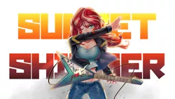 Size: 1920x1080 | Tagged: safe, artist:tzc, derpibooru import, sunset shimmer, human, equestria girls, badass, breasts, busty sunset shimmer, clothes, electric guitar, female, guitar, guitar pick, hair over one eye, humanized, jacket, leather jacket, looking at you, metal as fuck, midriff, musical instrument, name, pants, solo, sunset shredder, wallpaper