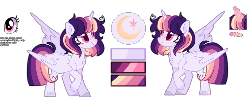 Size: 4533x1799 | Tagged: safe, artist:moon-rose-rosie, derpibooru import, oc, oc:celestial moon, alicorn, pony, female, magical lesbian spawn, mare, offspring, parent:rainbow dash, parent:twilight sparkle, parents:twidash, reference sheet, simple background, solo, transparent background