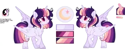 Size: 4533x1799 | Tagged: safe, artist:moon-rose-rosie, derpibooru import, oc, oc:celestial moon, alicorn, pony, female, magical lesbian spawn, mare, offspring, parent:rainbow dash, parent:twilight sparkle, parents:twidash, reference sheet, simple background, solo, transparent background