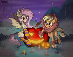 Size: 6251x4881 | Tagged: safe, artist:rainihorn, derpibooru import, applejack, fluttershy, bat pony, big cat, earth pony, lion, pony, absurd resolution, animal costume, apple, applelion, bat ponified, candle, clothes, costume, duo, fire, flutterbat, food, fruit, halloween, happy halloween, holiday, jack-o-lantern, night, nightmare night, open mouth, pumpkin, race swap, smiling, socks, spread wings, stars, striped socks, wings