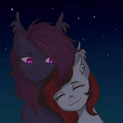 Size: 2160x2160 | Tagged: safe, artist:romablueberry, derpibooru import, oc, unofficial characters only, bat pony, pony, bat pony oc, bat wings, duo, female, mare, night, snuggling, stars, wings