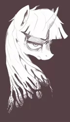 Size: 588x1018 | Tagged: semi-grimdark, artist:sunibee, derpibooru import, stygian, pony, unicorn, darkness, digital art, frown, lidded eyes, looking back, male, monochrome, simple background, solo