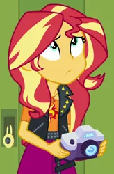 Size: 618x943 | Tagged: safe, derpibooru import, screencap, sunset shimmer, equestria girls, equestria girls series, forgotten friendship, camera, cropped, geode of empathy, magical geodes, solo