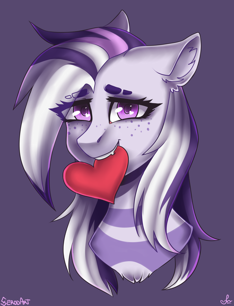 Size: 1300x1700 | Tagged: artist:serodart, bust, derpibooru import, ear fluff, female, freckles, heart, looking at you, mouth hold, oc, purple background, safe, shy, simple background, solo, unofficial characters only