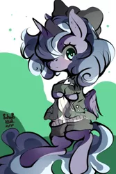 Size: 600x900 | Tagged: safe, artist:tohupo, derpibooru import, princess luna, alicorn, pony, bow, clothes, cute, female, filly, hair bow, lunabetes, mare, solo, woona, younger