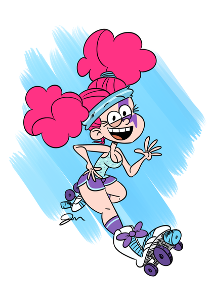 Size: 1024x1489 | Tagged: artist:jmdoodle, breasts, cleavage, clothes, colored, derpibooru import, disco, human, humanized, nightmare night, pinkie pie, pinkie puffs, roller disco, roller skates, scare master, season 5, shorts, style emulation, suggestive, the loud house